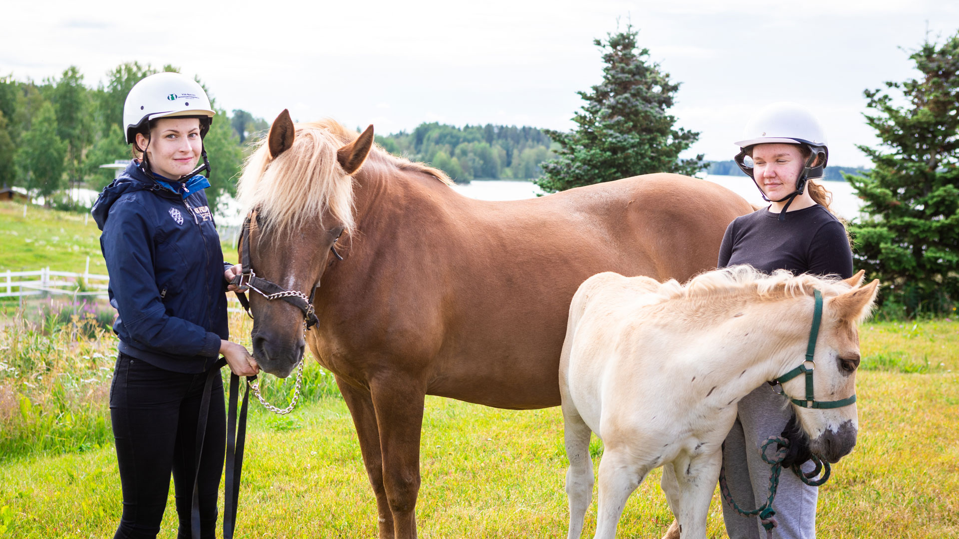 Kaksi hevoskasvatuspalvelun osaajaa seisovat niityllä hevosen ja varsan kanssa.
