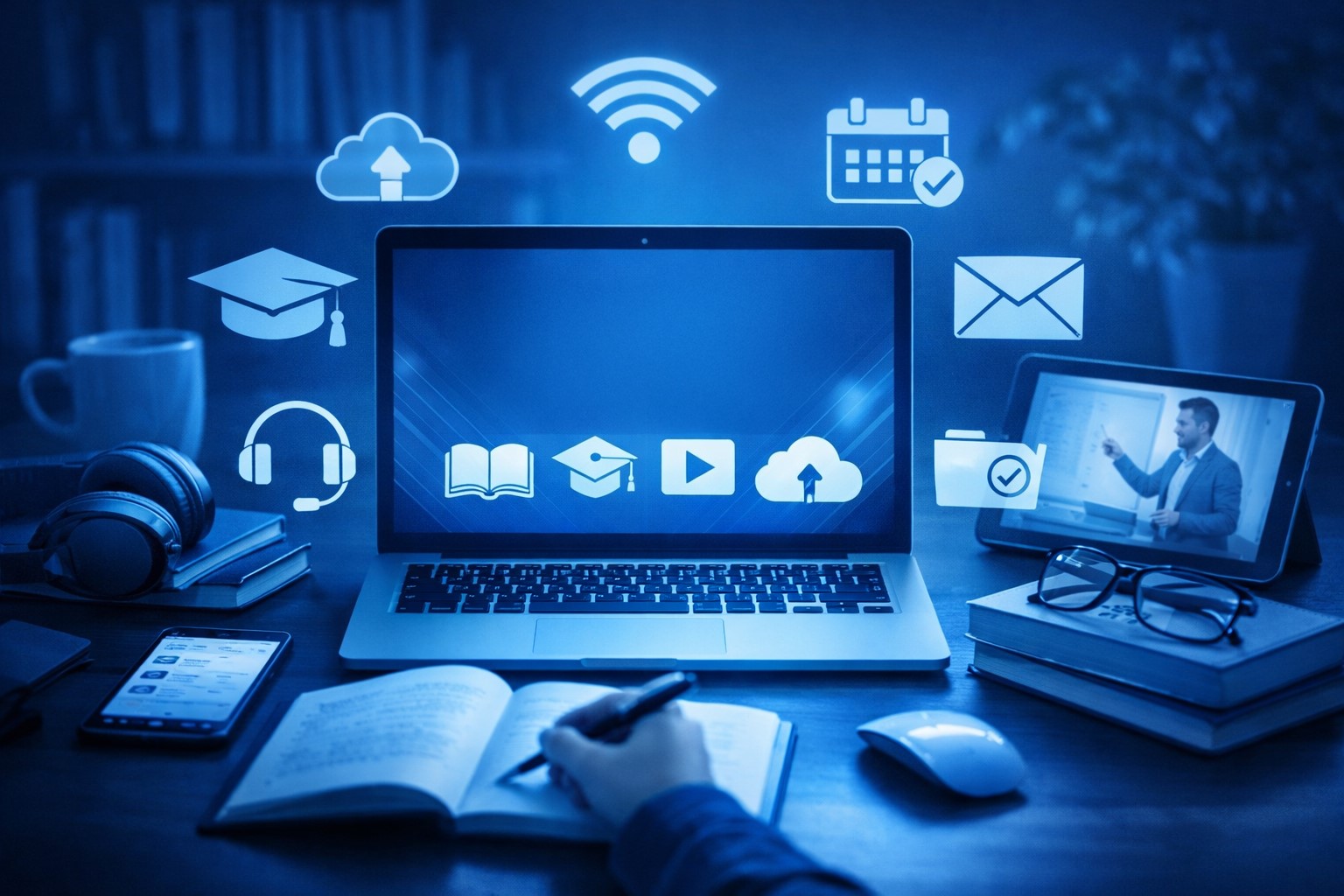 Kuvituskuva opiskelijan digipalveluista. Kuvassa tietokone ja kuvakkeita.