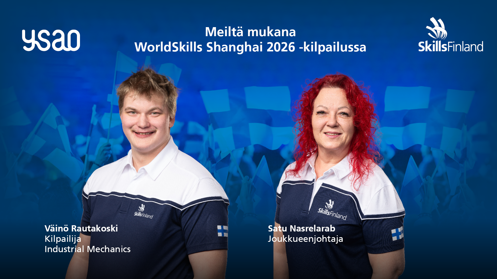 Väinö Rautakoski ja Satu Nasrelarab virallisessa WorldSkills Shanghai 2026 kuvassa.