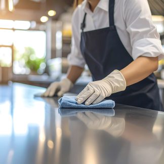 Keittiöammattilaisen hygieniaosaamisen päivityskoulutus auttaa sinua varmistamaan, että työskentelet turvallisesti. Kuvassa keittiöammattilainen pyyhkii pöytää.